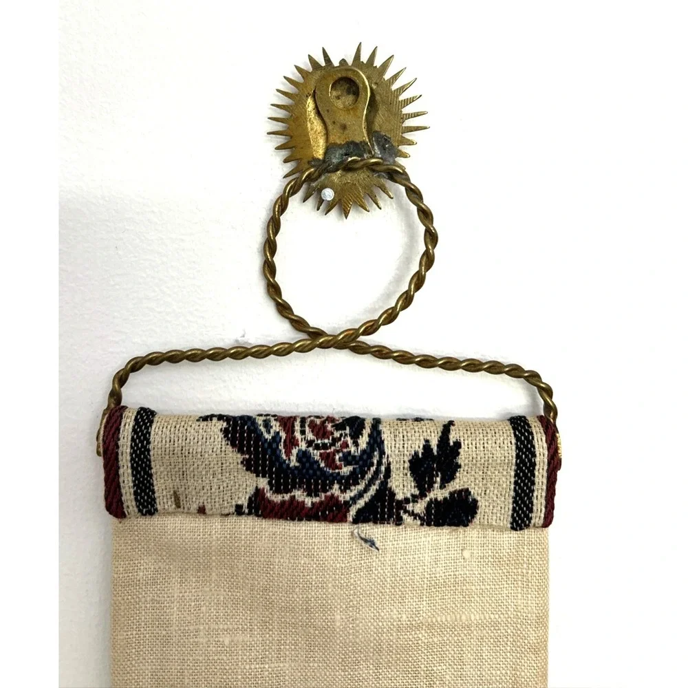 Vintage Floral Needlepoint Bell Pull Tapestry w/ Brass Toned Face in Sun Accent